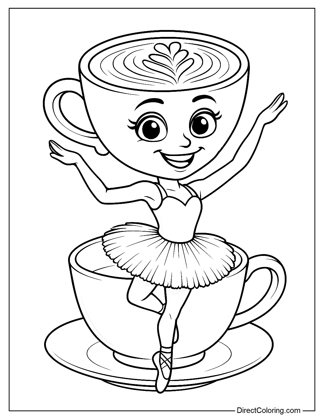 a coloring page of Cappuccina dancing in a giant teacup